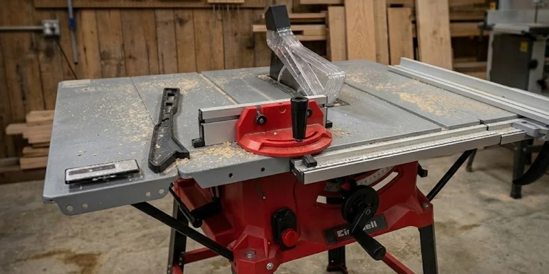 Eine rot-schwarze Einhell TC-TS 254 U Tischkreissäge mit Untergestell, Schiebestock und Sägeblattabdeckung in einer Werkstatt.